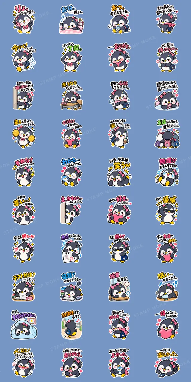ツンデレペンギン 中学生女子の日常 40種類 - 収録スタンプ一覧