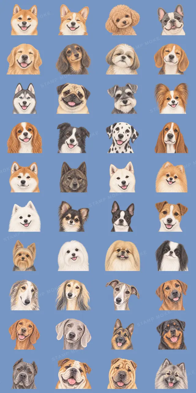 40匹の笑顔犬｜パステル色鉛筆風 - 収録スタンプ一覧
